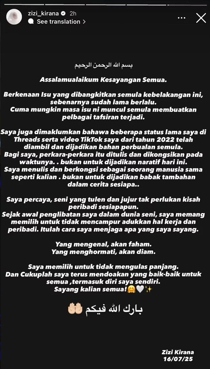 Zizi Kirana Bersuara, Isu Status Lama Di ‘Up’ Balik – “Saya Memilih Untuk Tidak Ulas Panjang, Cukuplah…”