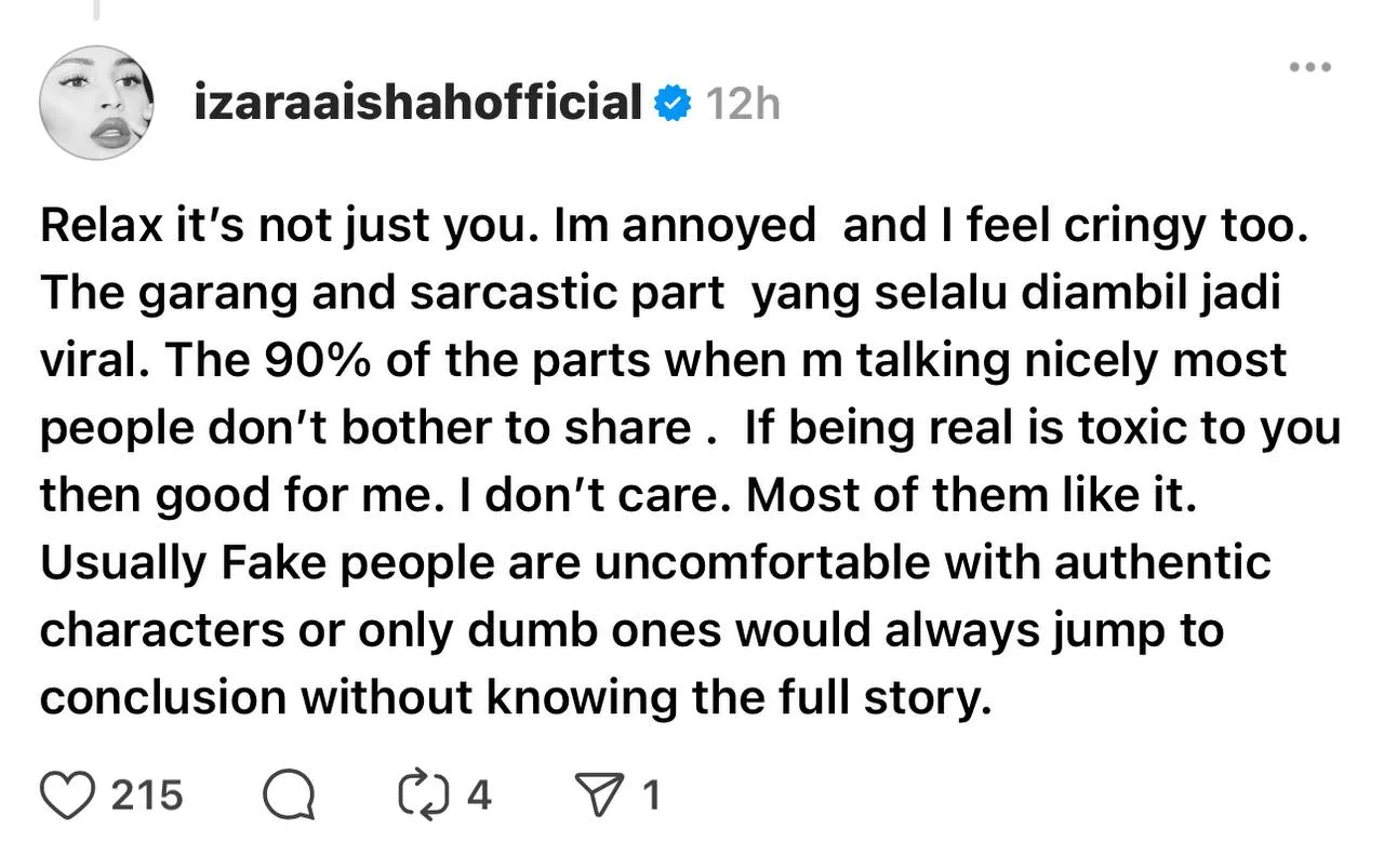 Izara Aishah Kasar, Tak ‘Filter’ Waktu ‘Live’? Jadi Diri Sendiri – “Bertenang, Bukan Awak Saja, Saya Pun Menyampah.”