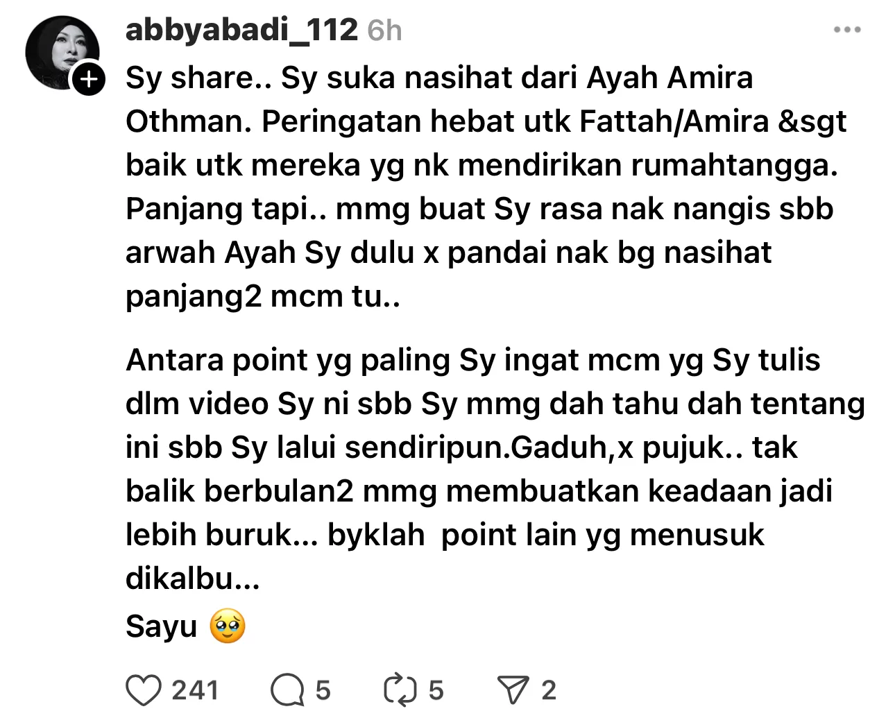 Abby Abadi Tersentuh Dengar Ucapan Bapa Amira Othman, Berjaya Bimbing Anak-Anak Jadi Lebih Baik 11 Abby Abadi Tersentuh Dengar Ucapan Bapa Amira Othman, Berjaya Bimbing Anak-Anak Jadi Lebih Baik