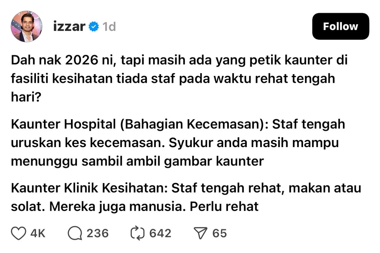 “Mereka Tengah Rehat, Makan & Solat,” - Isu Kaunter Kesihatan Tiada Staf Waktu Tengah Hari, Ini Reaksi Dr. Izzar 9 “Mereka Tengah Rehat, Makan & Solat,” – Isu Kaunter Kesihatan Tiada Staf Waktu Tengah Hari, Ini Reaksi Dr. Izzar