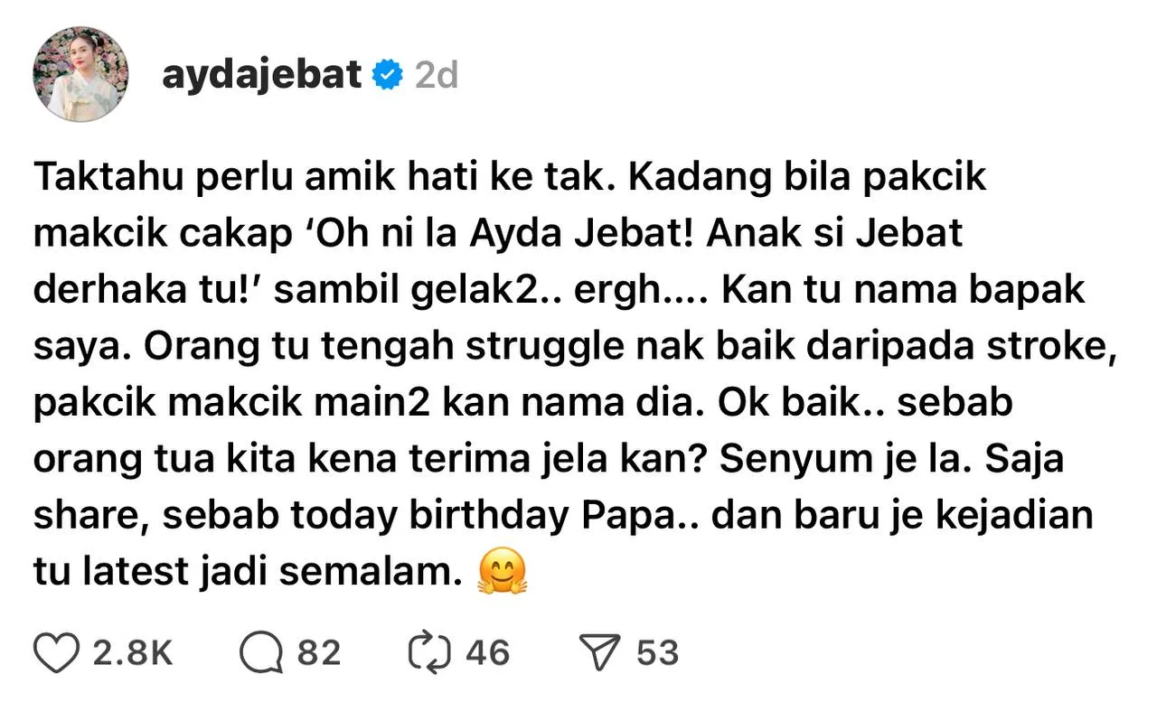 “Oh, Ini Anak Si Jebat Derhaka Tu…,” – Ayda Jebat Terkilan, Nama Bapa Jadi Bahan Gurauan