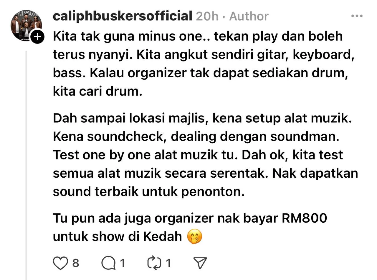 “Kami Kongsi Berlapan Termasuk Kru, Bukan Pakai Minus One,” - Pernah Dapat Offer RM800, Caliph Buskers Dedah Realiti Pahit Tawaran Bayaran Rendah 9 “Kami Kongsi Berlapan Termasuk Kru, Bukan Pakai Minus One,” – Pernah Dapat Offer RM800, Caliph Buskers Dedah Realiti Pahit Tawaran Bayaran Rendah