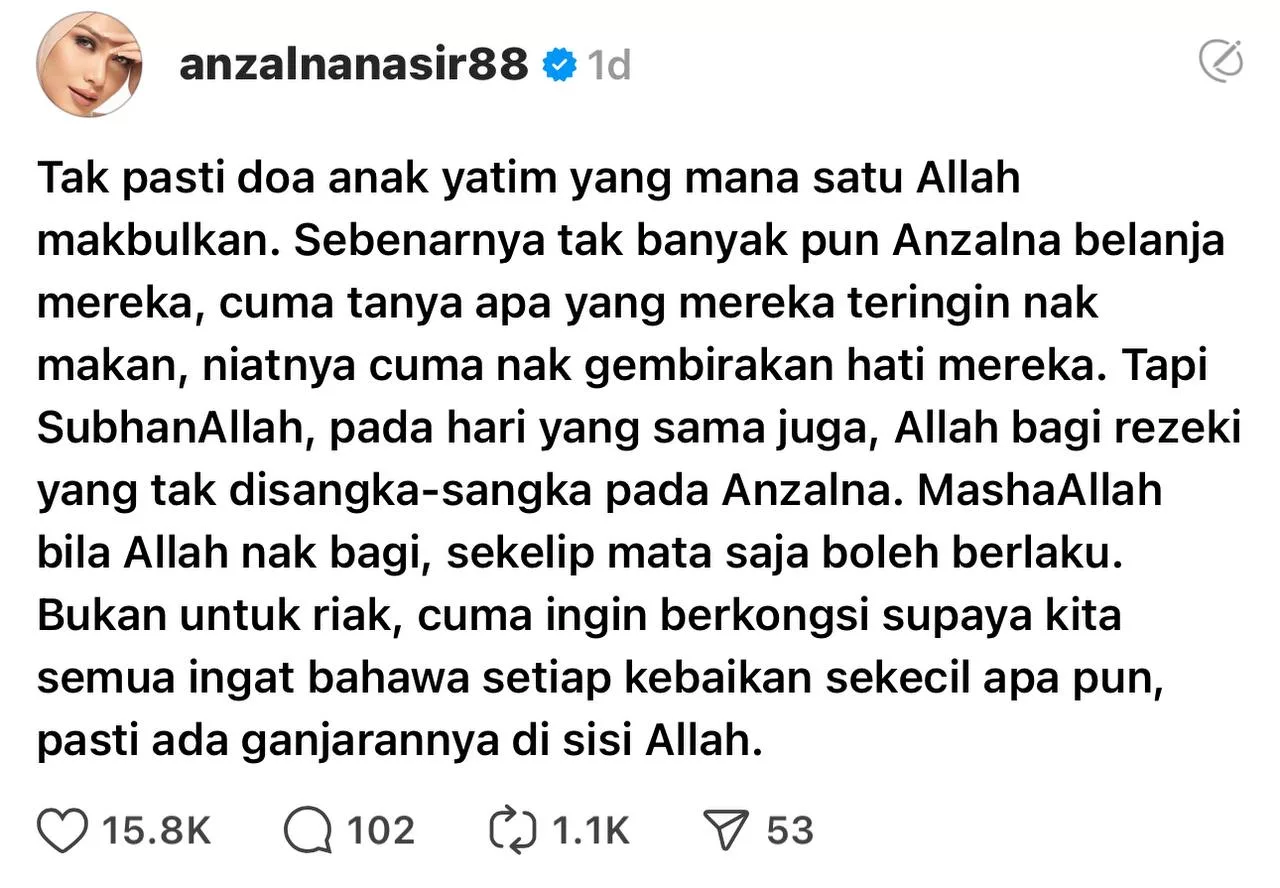 “Bila Allah Nak Bagi, Sekelip Mata Saja Boleh Berlaku,” - Anzalna Nasir Kongsi Keberkatan Doa Anak Yatim 5 “Bila Allah Nak Bagi, Sekelip Mata Saja Boleh Berlaku,” – Anzalna Nasir Kongsi Keberkatan Doa Anak Yatim