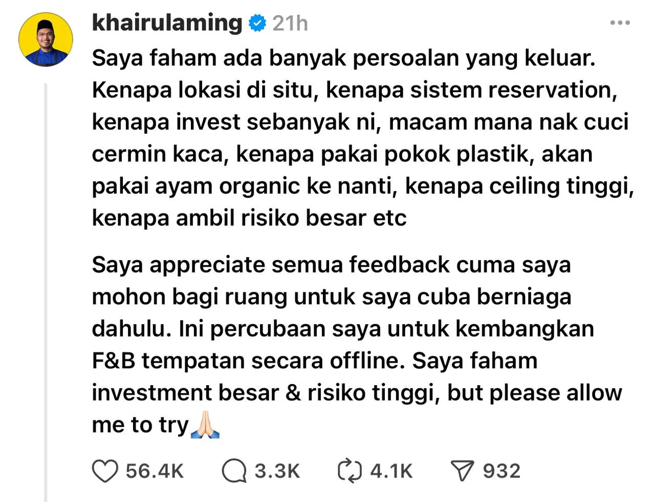 “Izinkanlah Saya Mencuba,” - Ada Yang Doa Bisnes Restoran Gagal? Khairulaming Sedia Ambil Risiko, Demi Kembangkan F&B Tempatan 7 “Izinkanlah Saya Mencuba,” – Ada Yang Doa Bisnes Restoran Gagal? Khairulaming Sedia Ambil Risiko, Demi Kembangkan F&B Tempatan
