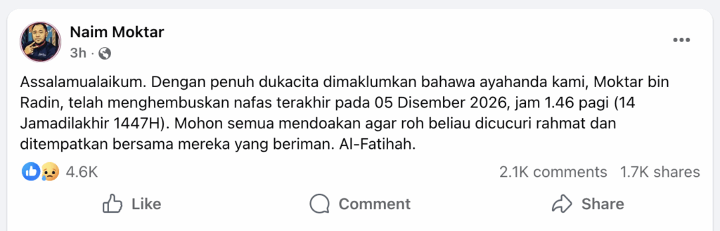 Bung Moktar Radin Meninggal Dunia Pada Usia 66 Tahun