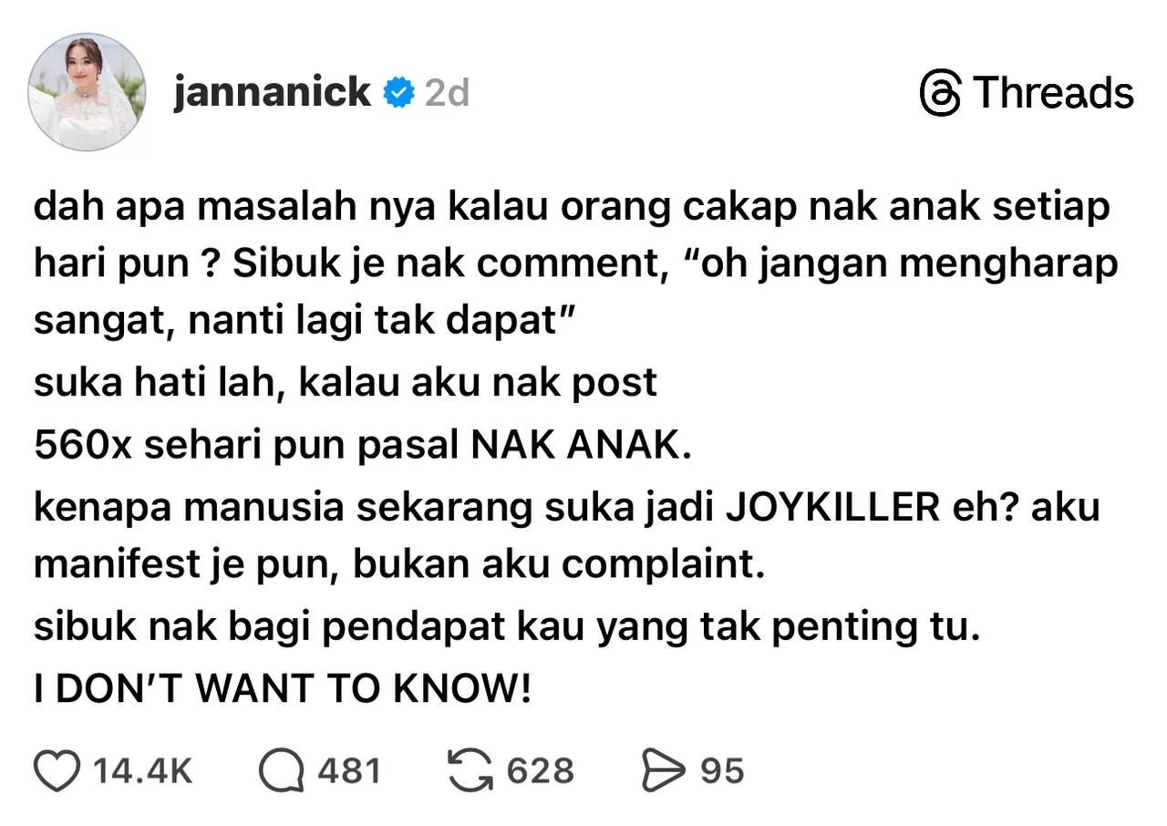 “Suka Hatilah Kalau Nak Post 560 Kali Sehari…,” – Janna Nick Tempelak ‘Joykiller’ Yang Tak Senang Dia Asyik Cerita Pasal Anak