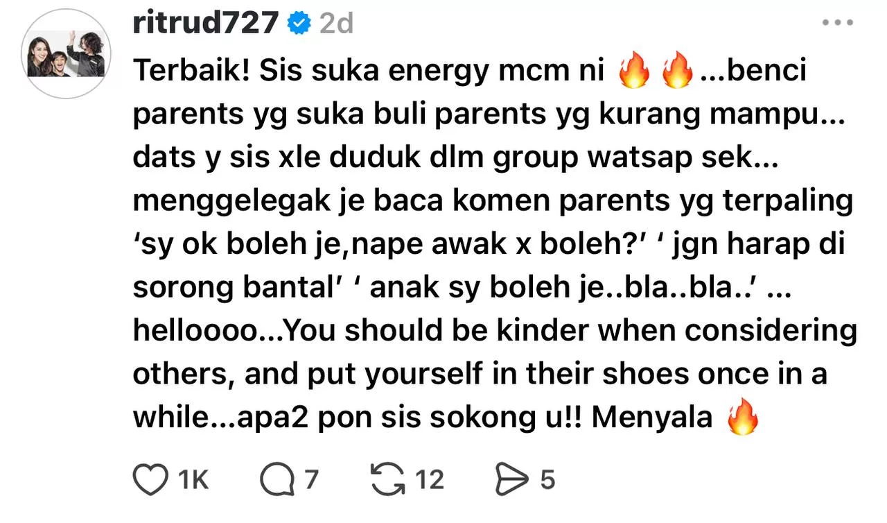 “Kita Patut Bertimbang Rasa…,” - Ada Pihak Rendahkan Ibu Bapa Tunggu Bantuan Persekolahan Kerajaan? Rita Rudaini Sokong Tindakan Individu Ini 5 “Kita Patut Bertimbang Rasa…,” – Ada Pihak Rendahkan Ibu Bapa Tunggu Bantuan Persekolahan Kerajaan? Rita Rudaini Sokong Tindakan Individu Ini
