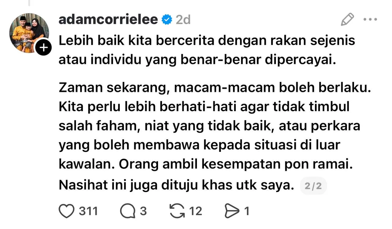 “Lebih Baik Kita Bercerita Dengan…,” – Adam Corrie Tegur Wanita Jangan Mudah Luah Masalah Pada Lelaki Bukan Mahram, Termasuk Artis & Ustaz”