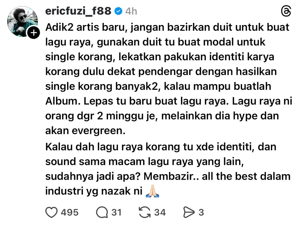 “Guna Duit Tu Buat…,” – Eric Fuzi Nasihat Artis Baru Jangan Bazir Buat Lagu Raya, Baik Cari Identiti Karya Dulu