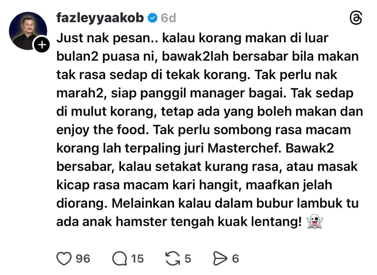 “Tak Perlu Marah-Marah, Panggil Manager,” - Fazley Yaakob Nasihat Agar Berpada Kritik Makanan, Jangan Rasa ‘Terpaling Masterchef’ 5 “Tak Perlu Marah-Marah, Panggil Manager,” – Fazley Yaakob Nasihat Agar Berpada Kritik Makanan, Jangan Rasa ‘Terpaling Masterchef’