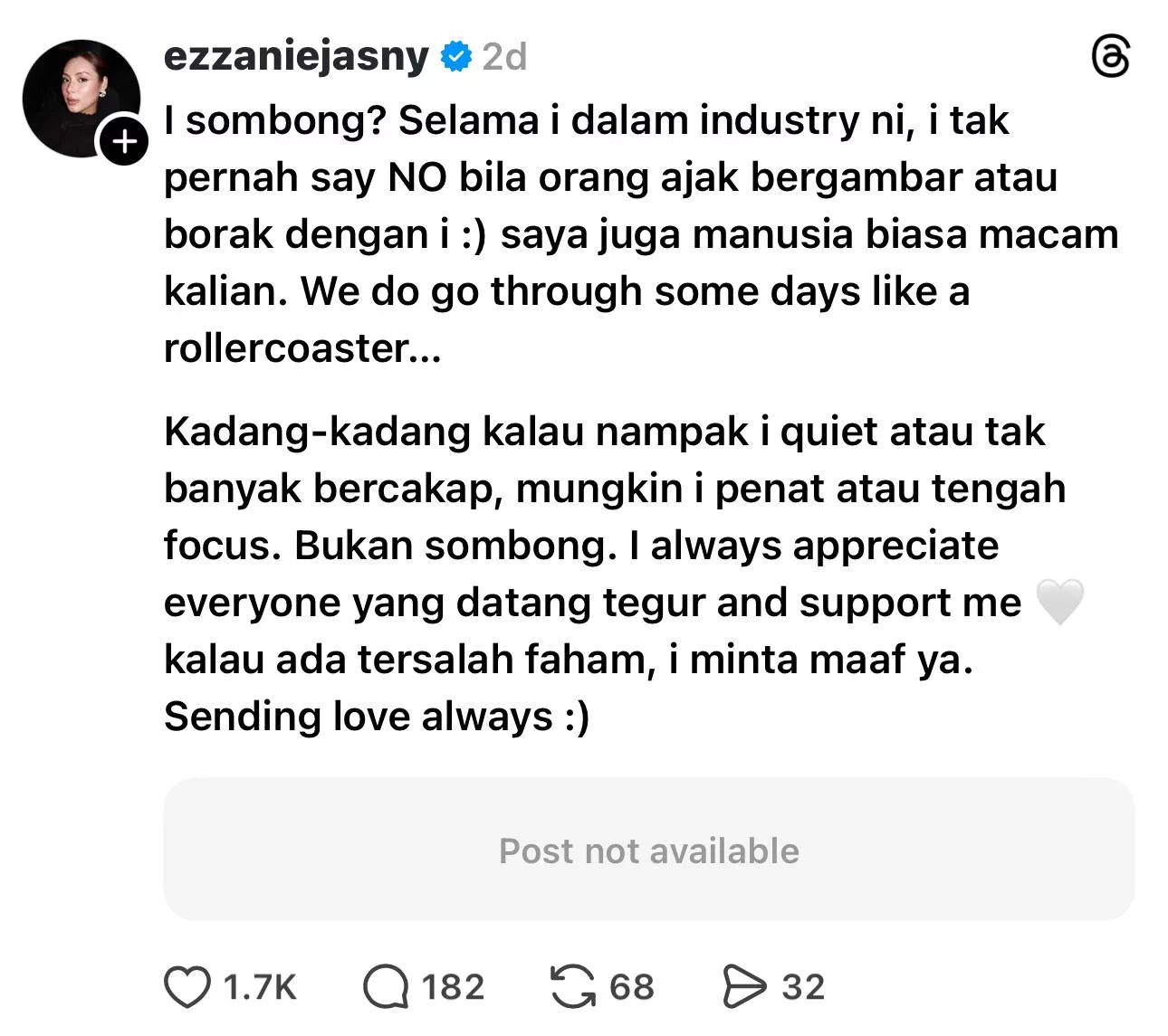“Saya Juga Manusia Biasa, Lalui Hari Rollercoaster,” – Penjelasan Terhadap Dakwaan Sombong, Ezzanie Jasny Sentiasa Hargai Sokongan Peminat
