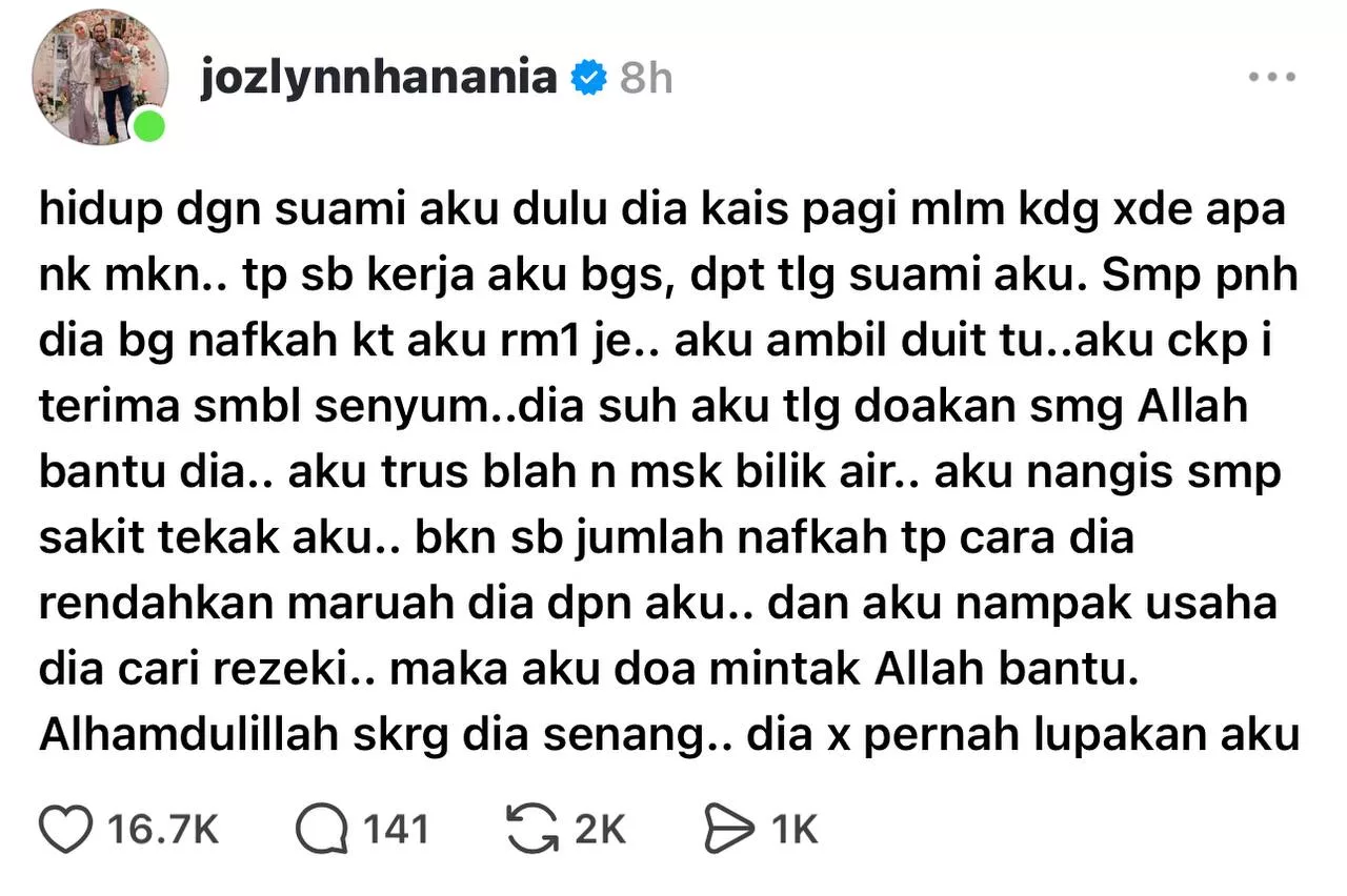 “Aku Nangis Sampai Sakit Tekak….” – Ozlynn Waty Pernah Terima Nafkah RM1, Puji Sikap Johan Usaha Cari Rezeki Sampai Sukses
