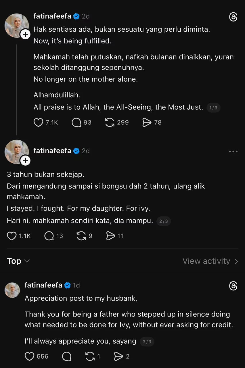 “Tidak Lagi Terbeban Pada Ibu Semata-Mata, Alhamdulillah. Segala Puji Bagi Allah,” – Fatin Afeefa