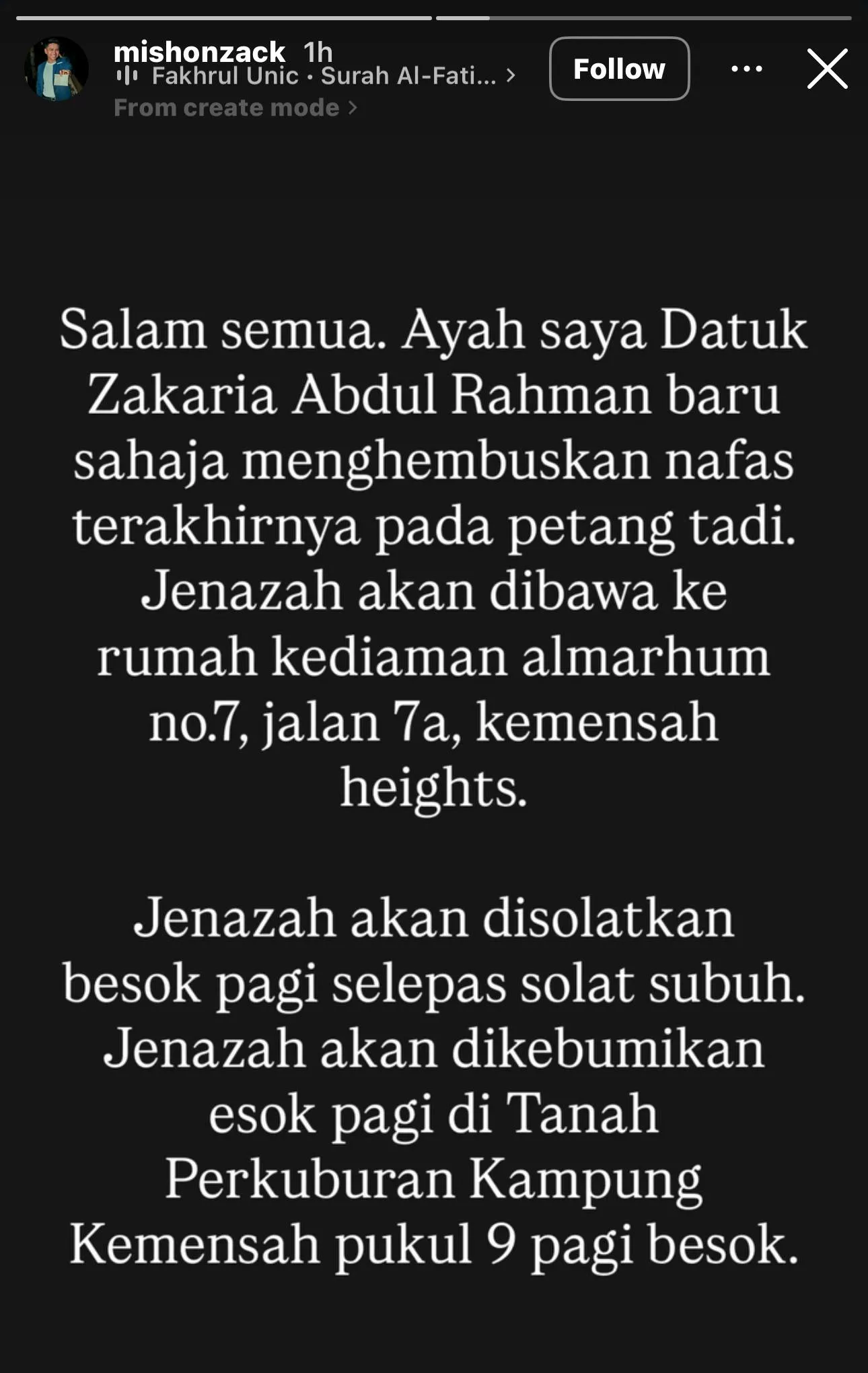 Bapa Erysha Emyra Meninggal Dunia, Jenazah Akan Dikebumikan Esok Pagi