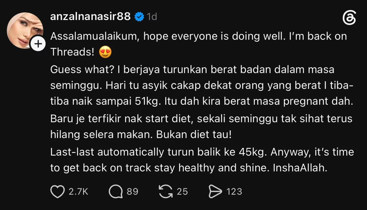 Berat Anzalna Turun Mendadak 6kg Dalam Seminggu, Tapi Bukan Diet! Tuan Badan Perjelas – “Automatically Turun Balik ke 45Kg.”
