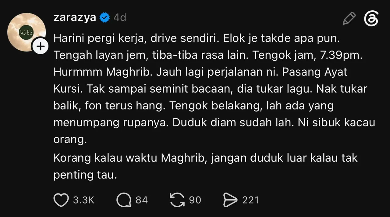 “Tengok Belakang… Ada Yang Menumpang,”- Zara Zya Kongsi Pengalaman Seram Waktu Maghrib