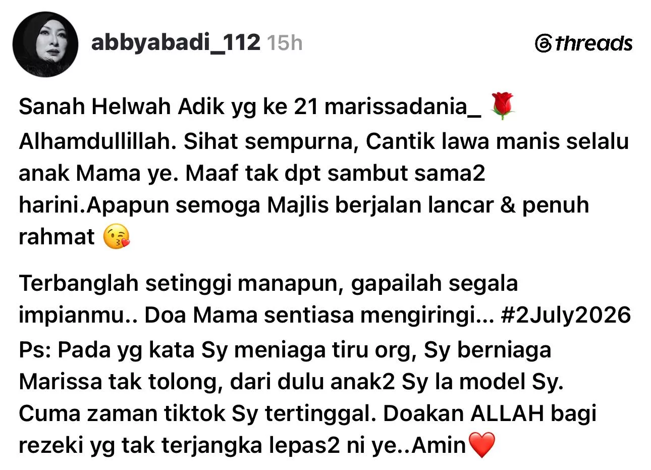 Marissa Genap 21 Tahun, ‘Deep’ Ucapan Hari Jadi Daripada Abby Abadi - “Lahir Dalam Kereta Pun Mama Yang Sambut.” 7 Marissa Genap 21 Tahun, ‘Deep’ Ucapan Hari Jadi Daripada Abby Abadi – “Lahir Dalam Kereta Pun Mama Yang Sambut.”