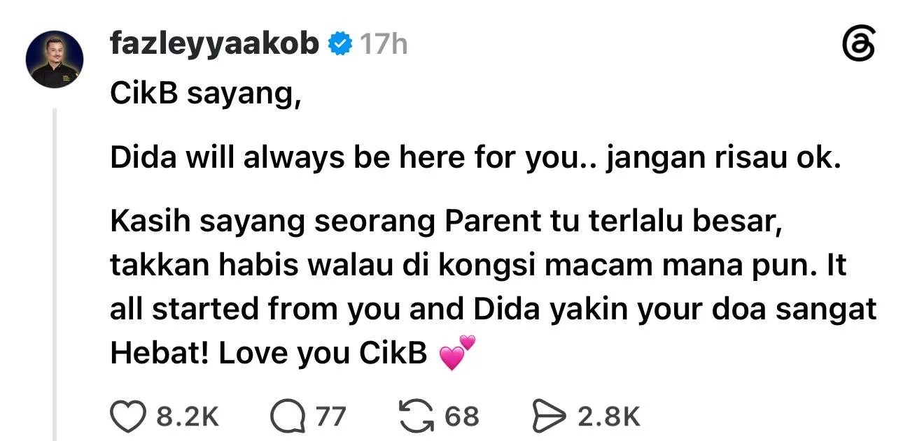 “Sebagai Orang Luar, Saya Doakan Kebahagiaan Kalian,” - Cik B Rasa Sunyi Sebab Perlu Kongsi Kasih Sayang Ibu, Respon Fazley Yaakob Dipuji Ramai 8 “Sebagai Orang Luar, Saya Doakan Kebahagiaan Kalian,” – Cik B Rasa Sunyi Sebab Perlu Kongsi Kasih Sayang Ibu, Respon Fazley Yaakob Dipuji Ramai
