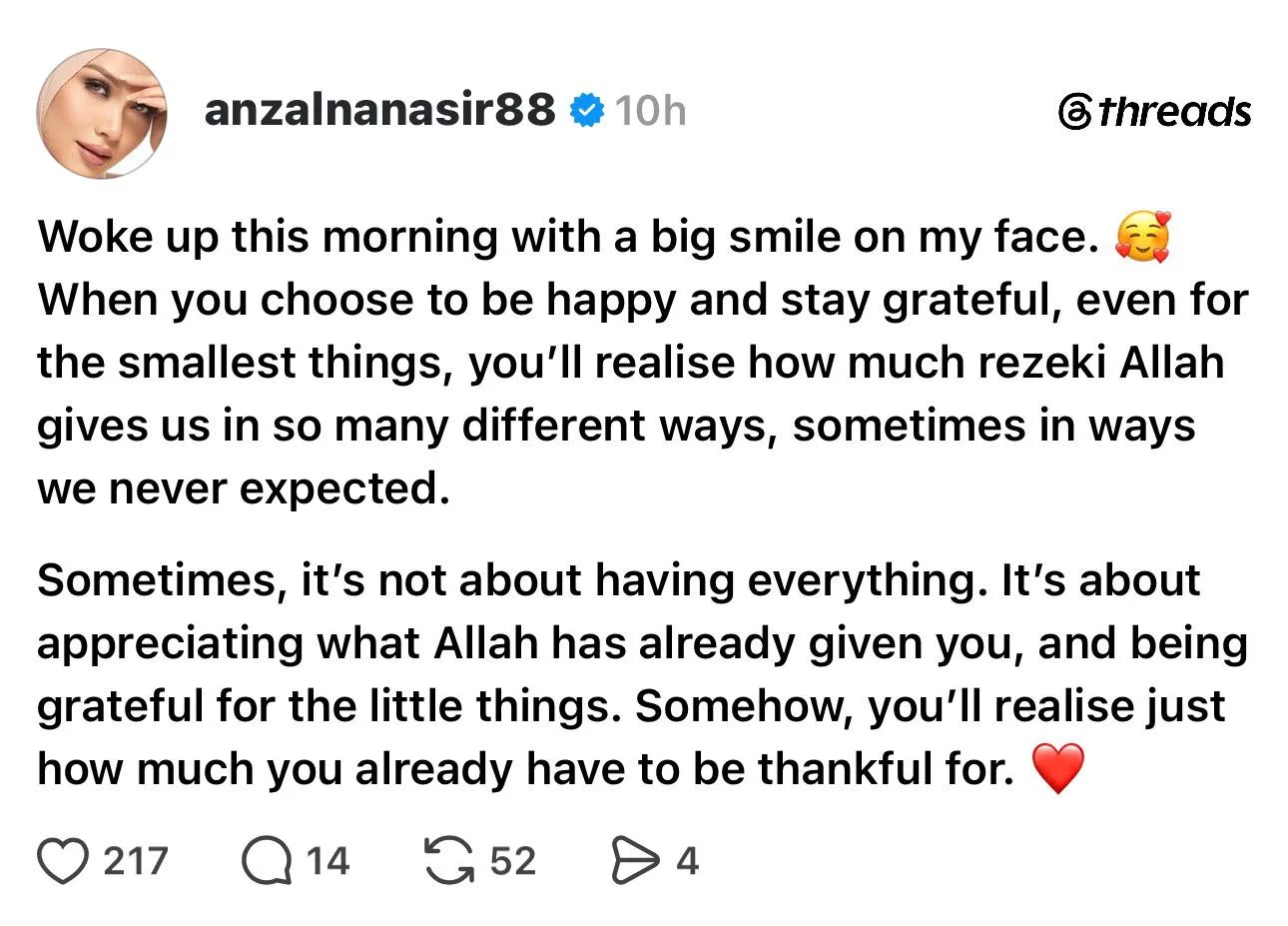‘Hidup Bukan Tentang Memiliki Segalanya’… Anzalna Nasir Kongsi Rahsia Bahagia Dengan Rasa Syukur - “Bangun Pagi Ini Dengan Senyuman Begitu Lebar.”