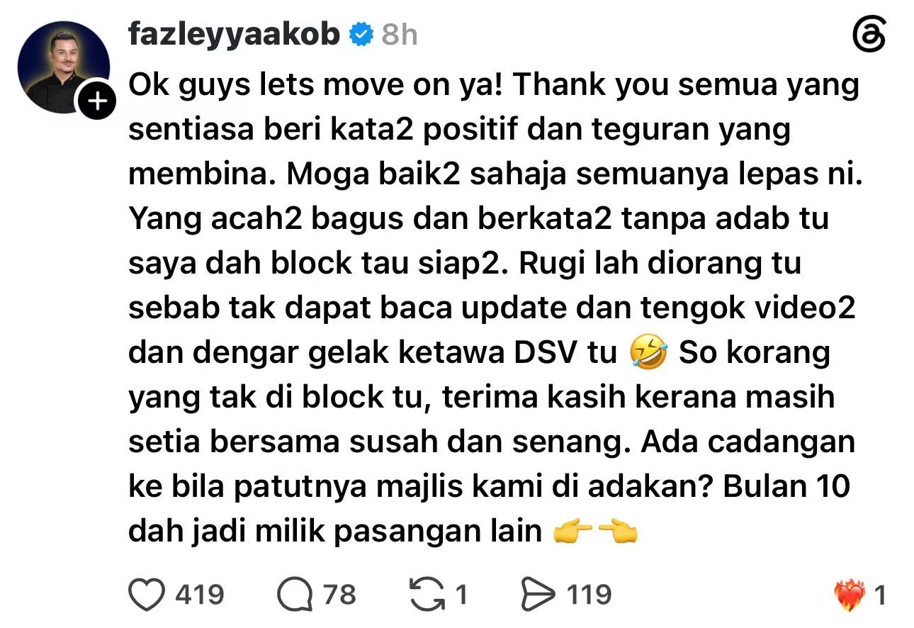 “Rugilah Tak Dapat Baca Update…,” - Fazley Yaakob Sekat Netizen Acah Bagus & Tak Beradab, Seloroh Minta Cadangan Tarikh Majlis Dengan Vida 5 “Rugilah Tak Dapat Baca Update…,” - Fazley Yaakob Sekat Netizen Acah Bagus & Tak Beradab, Seloroh Minta Cadangan Tarikh Majlis Dengan Vida