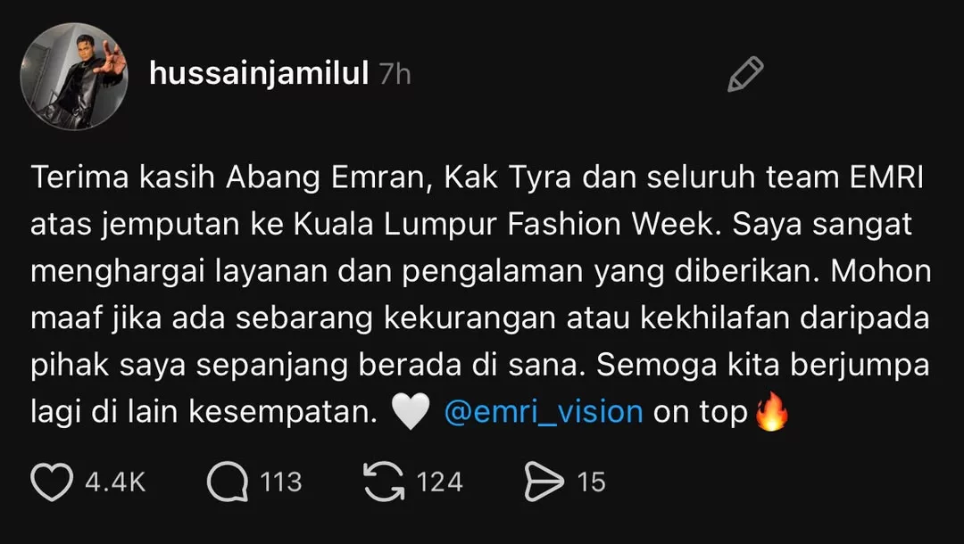 “Mohon Maaf Jika Ada Sebarang Kekurangan…,” - Hussain Buat ‘Catwalk’ Di KLFW 2026, Emran Puji Gaya Model Yang ‘Natural’ 11 “Mohon Maaf Jika Ada Sebarang Kekurangan…,” - Hussain Buat ‘Catwalk’ Di KLFW 2026, Emran Puji Gaya Model Yang ‘Natural’