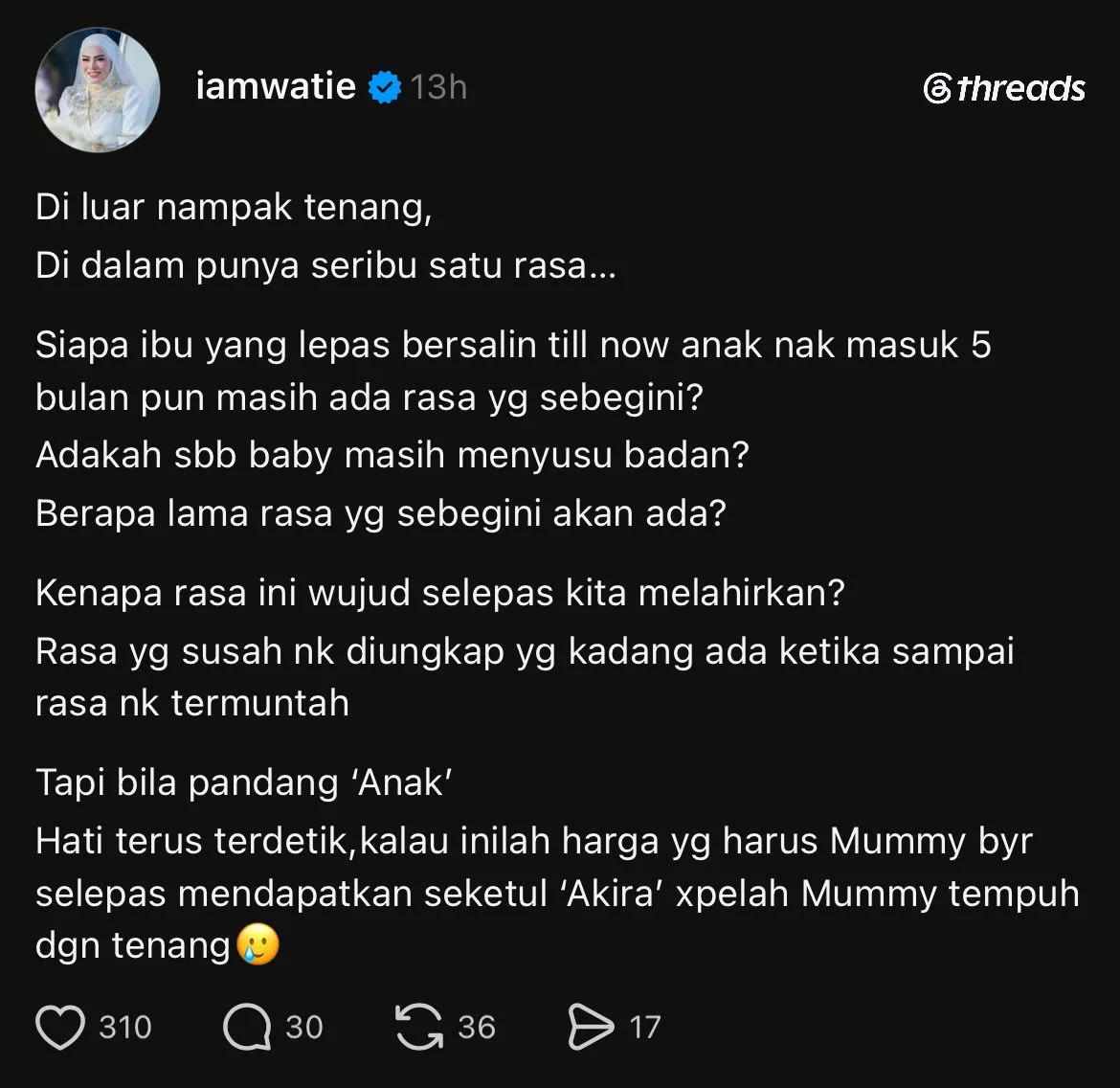 Watie Hanifiah Masih Bergelut Dengan Emosi, Walau Anak Hampir 5 Bulan - “Kalau Inilah Harga Yang Harus Mummy Bayar…” 2 Watie Hanifiah Masih Bergelut Dengan Emosi, Walau Anak Hampir 5 Bulan - “Kalau Inilah Harga Yang Harus Mummy Bayar…”