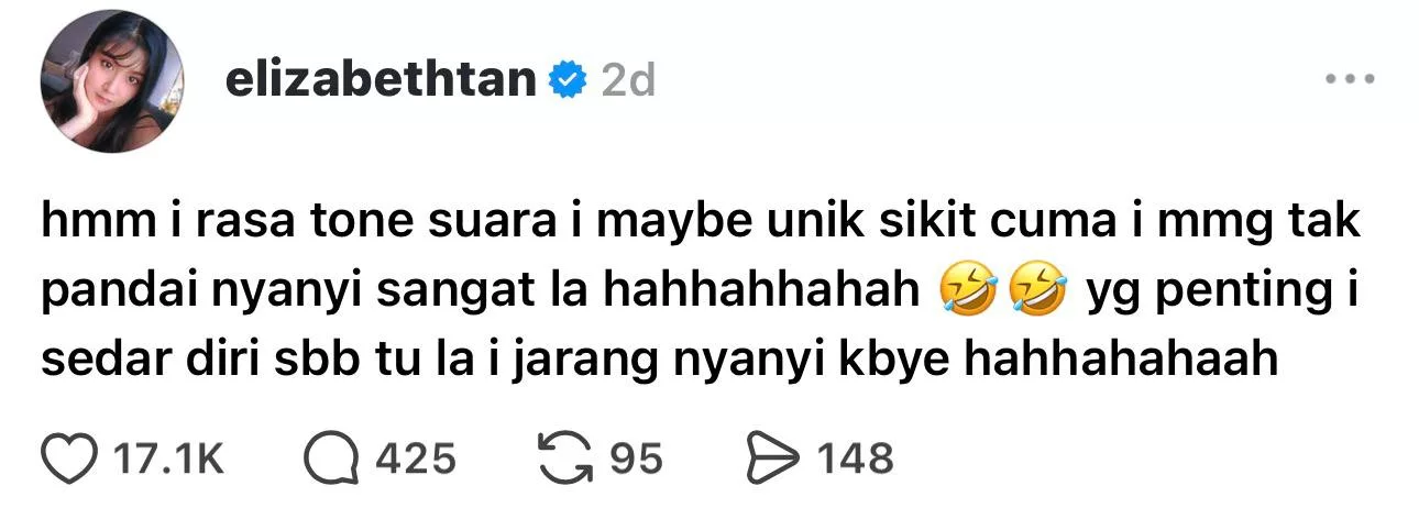 Suara & Nyanyian Dipersoal, Elizabeth Tan Tenang Beri Respon - “Saya Rasa Tone Suara Mungkin Unik Sikit, Cuma Saya Memang Tak Pandai Nyanyi Sangatlah.”