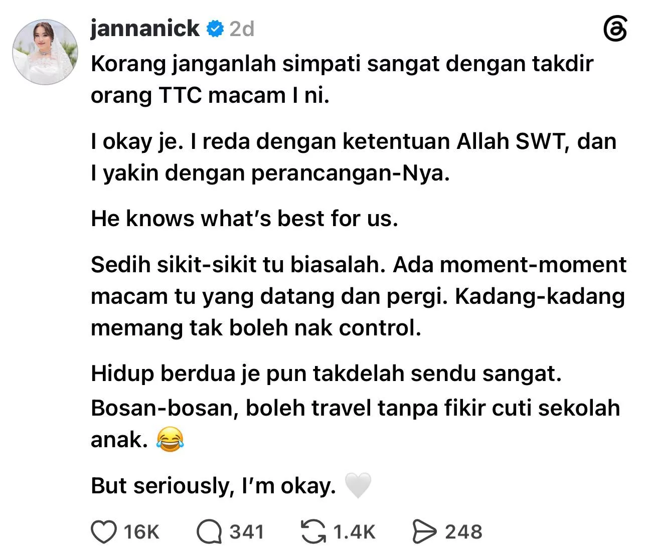 “Janganlah Simpati Sangat Dengan Takdir Orang TTC Macam Saya,”- Janna Nick