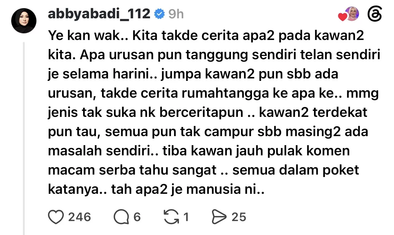 “30 Tahun Jaga Persahabatan…,” - Azza Elite Tak Suka Campuri Urusan Peribadi Kawan Baik, Beri Sokongan Moral & Enggan Tambah Tekanan… Abby Abadi Turut Komen 7 “30 Tahun Jaga Persahabatan…,” - Azza Elite Tak Suka Campuri Urusan Peribadi Kawan Baik, Beri Sokongan Moral & Enggan Tambah Tekanan… Abby Abadi Turut Komen