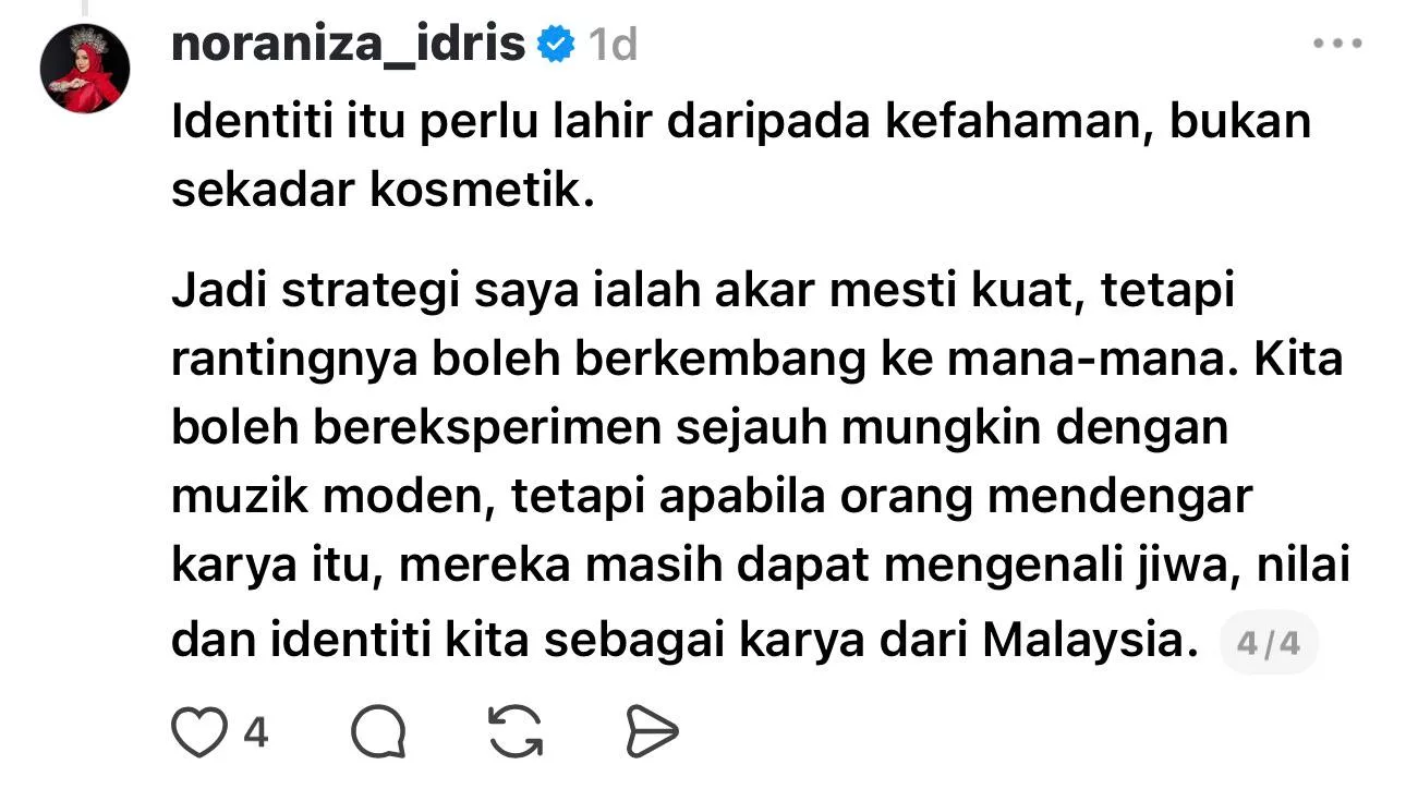 “Sekadar Letak Bunyi Tradisional, Jangan Terus Dakwa Itu Identiti Melayu” - Teguran Noraniza Idris 7 “Sekadar Letak Bunyi Tradisional, Jangan Terus Dakwa Itu Identiti Melayu” - Teguran Noraniza Idris