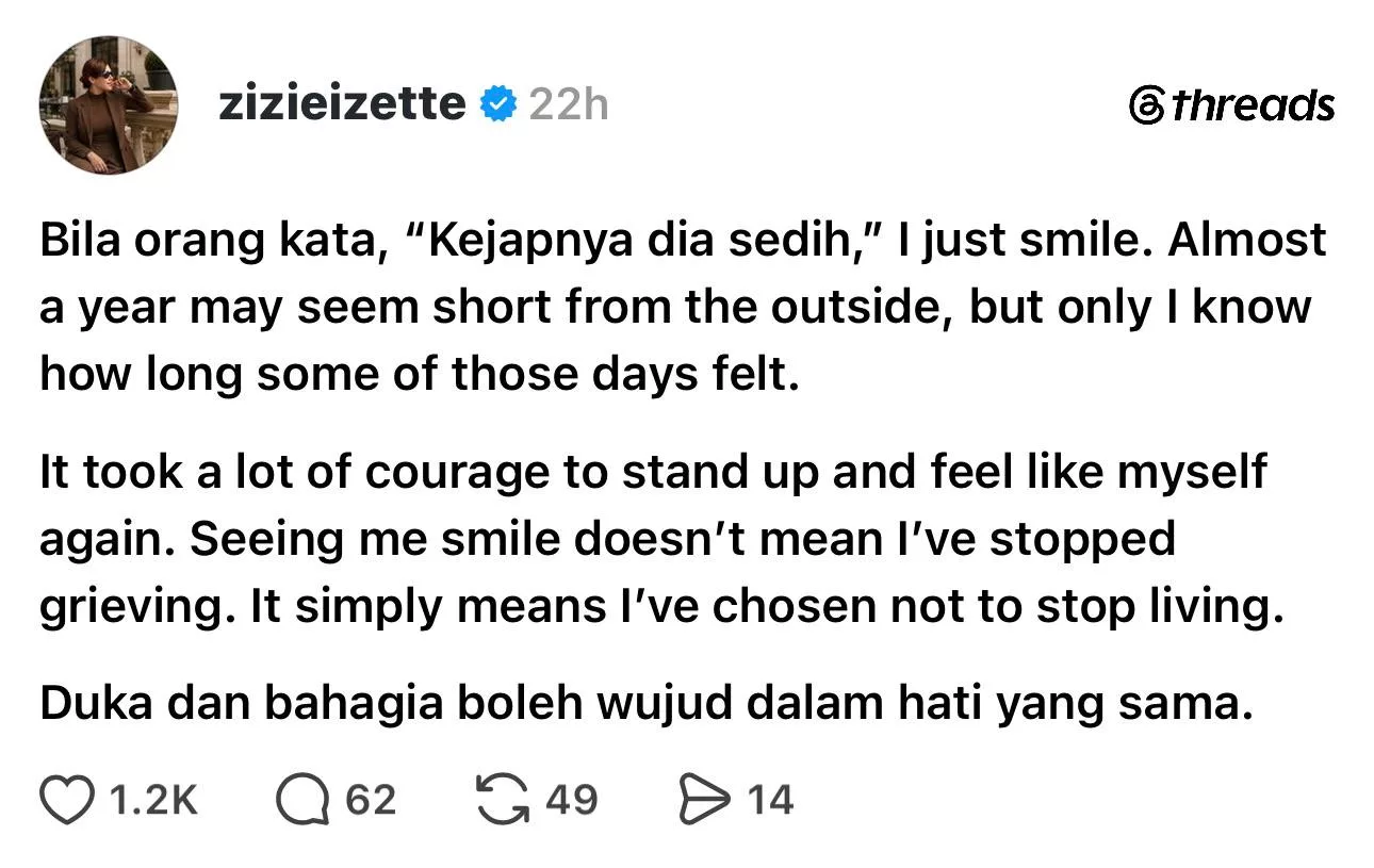 Zizie Izette Jawab Dakwaan Cepat ‘Move On’, Berani & Kuat Teruskan Kehidupan - “Melihat Saya Tersenyum Bukan Bermakna Sudah Berhenti Berduka.”