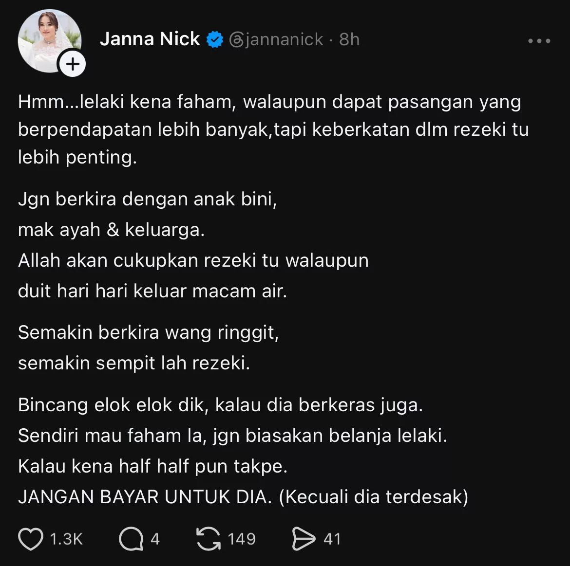 Janna Nick Beri Pandangan, Nasihat Lelaki Jangan Berkira Dengan Anak Bini & Keluarga - “Semakin Berkira Wang Ringgit, Semakin Sempit Rezeki.”