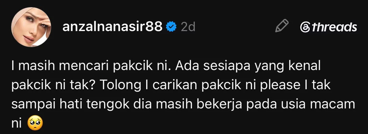 “Tak Sampai Hati Tengok Dia Masih Bekerja…,” - Anzalna Nasir Tersentuh, Mohon Bantuan Warganet Cari Warga Emas Tetap Kuat Jadi Penghantar Makanan 2 “Tak Sampai Hati Tengok Dia Masih Bekerja…,” - Anzalna Nasir Tersentuh, Mohon Bantuan Warganet Cari Warga Emas Tetap Kuat Jadi Penghantar Makanan