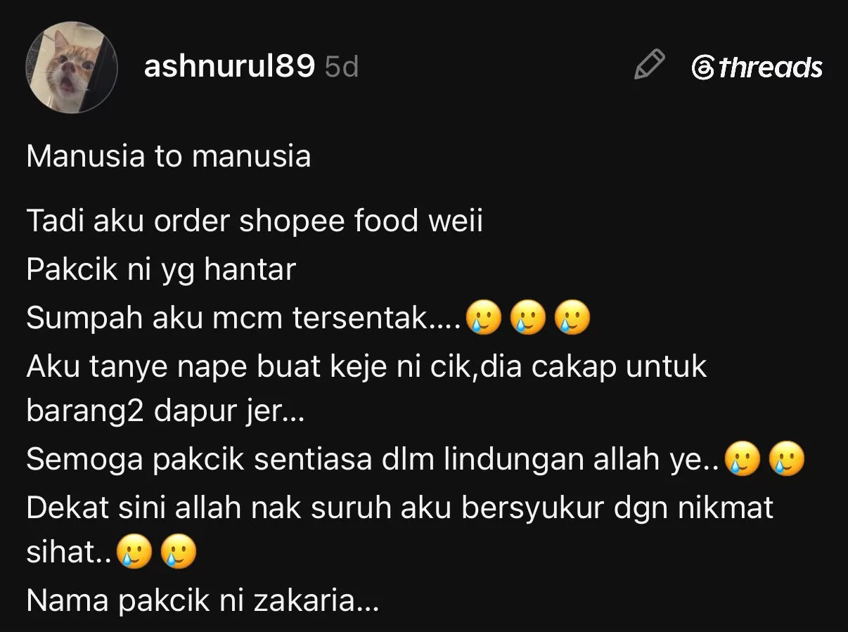 “Tak Sampai Hati Tengok Dia Masih Bekerja…,” - Anzalna Nasir Tersentuh, Mohon Bantuan Warganet Cari Warga Emas Tetap Kuat Jadi Penghantar Makanan 4 “Tak Sampai Hati Tengok Dia Masih Bekerja…,” - Anzalna Nasir Tersentuh, Mohon Bantuan Warganet Cari Warga Emas Tetap Kuat Jadi Penghantar Makanan