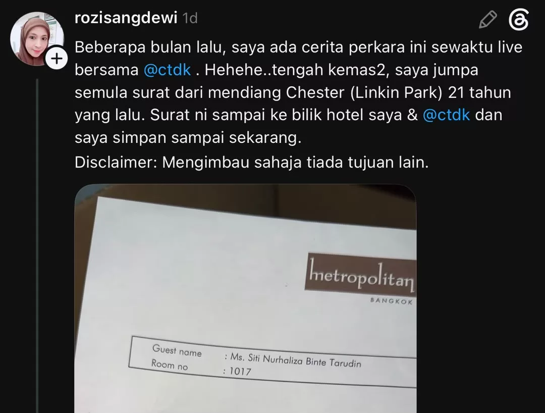 Nota Ringkas Chester Bennington Buat Siti Nurhaliza Ditemui Semula Selepas 21 Tahun, Pengurus - “Surat Ini Sampai Ke Bilik Hotel Saya Dan Siti.”