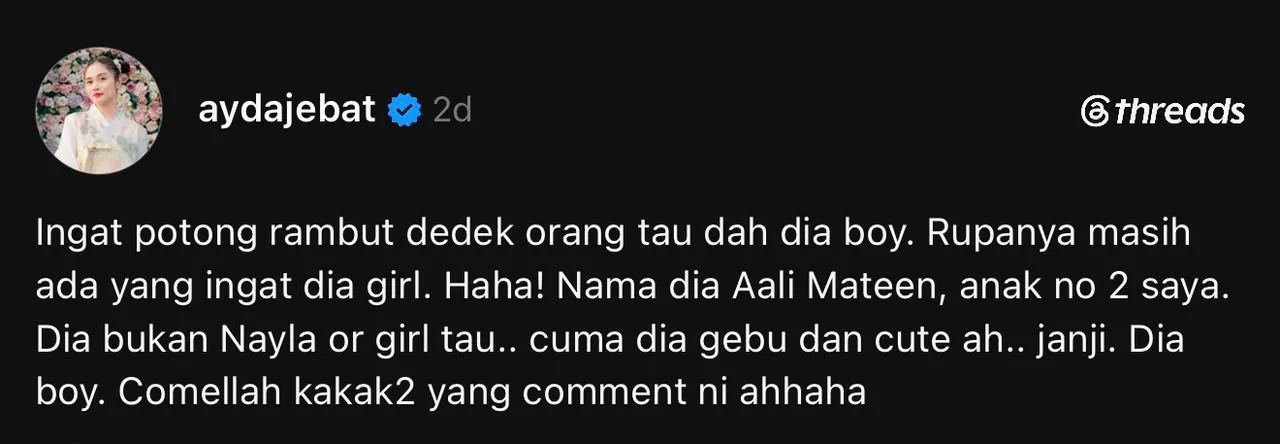 Ayda Jebat Jelaskan Salah Faham Netizen, Aali Mateen Disangka Perempuan - “Cuma Dia Gebu Dan Cute Ah… Janji. Dia Boy.”