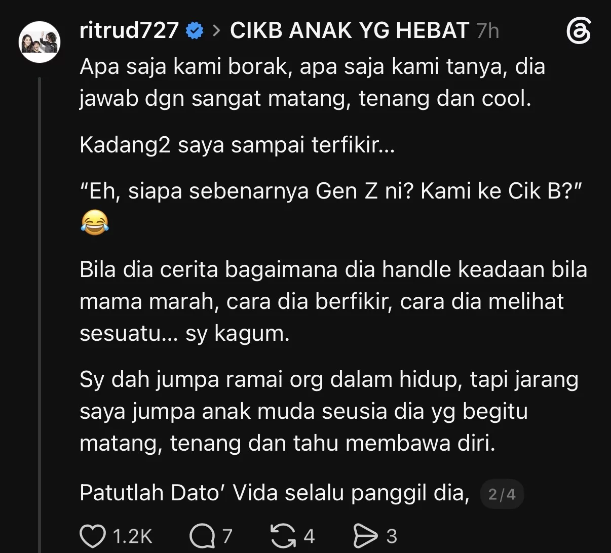"Cik B Memang Anak Yang Hebat,” - Rita Rudaini Kagum Cara Anak Gadis DSV Bawa Diri, Sifatkan Sebagai Antara Ikon Gen-Z Yang Positif & Matang