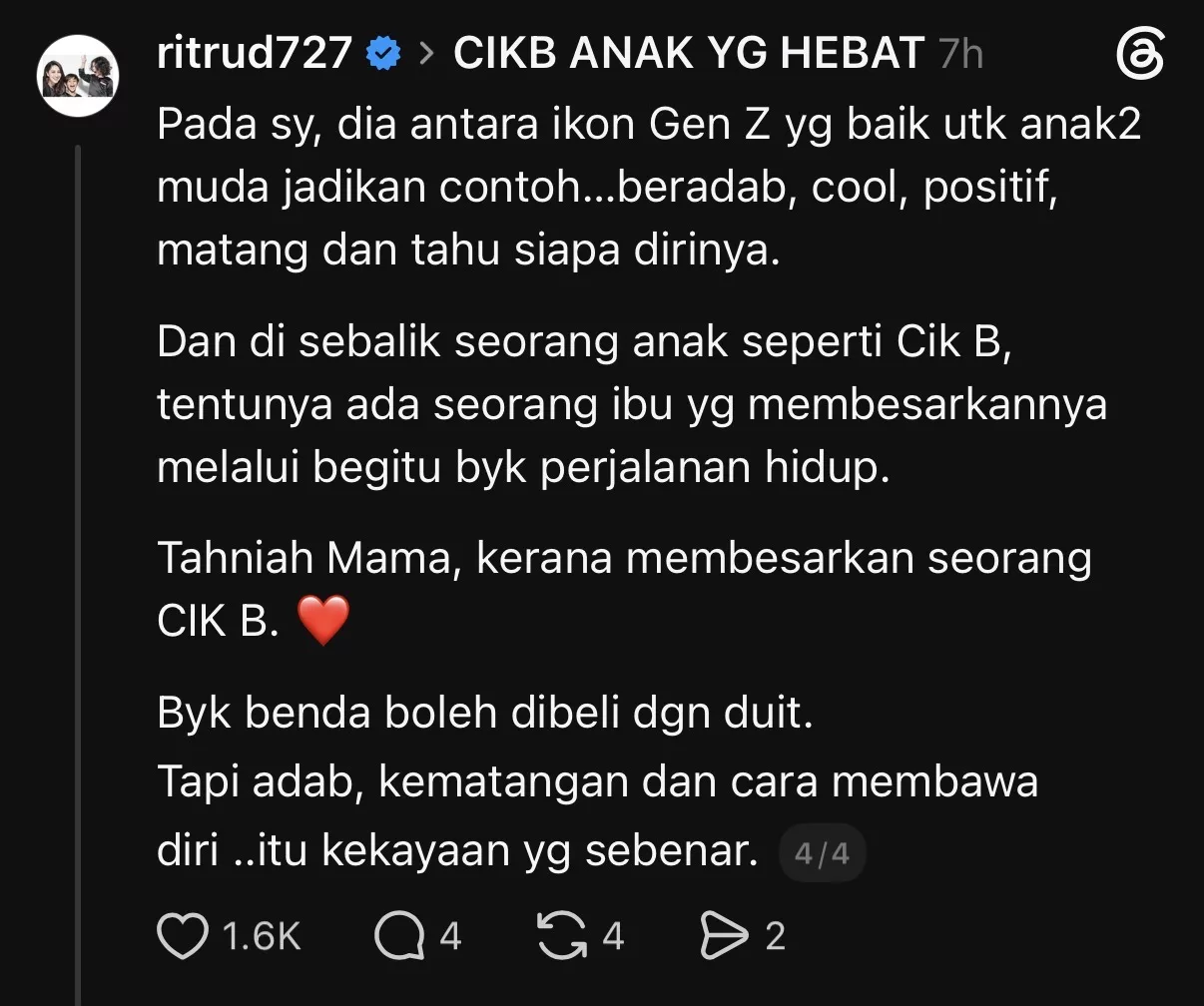 "Cik B Memang Anak Yang Hebat,” - Rita Rudaini Kagum Cara Anak Gadis DSV Bawa Diri, Sifatkan Sebagai Antara Ikon Gen-Z Yang Positif & Matang