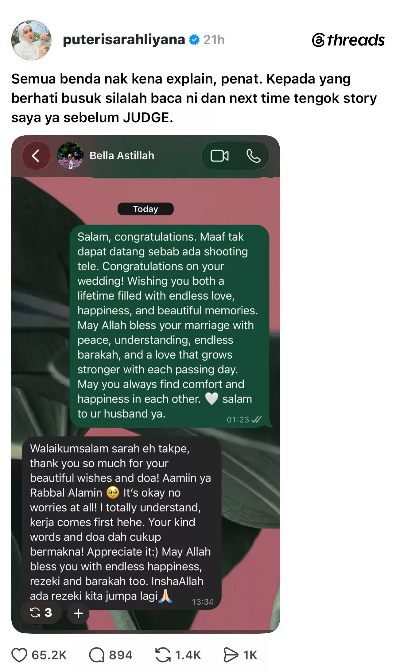“Kepada Yang Berhati Busuk Silalah Baca Ni,” - Puteri Sarah Perjelas Sebab Tak Datang Majlis BASS, Kongsi Perbualan Bersama Bella Astillah