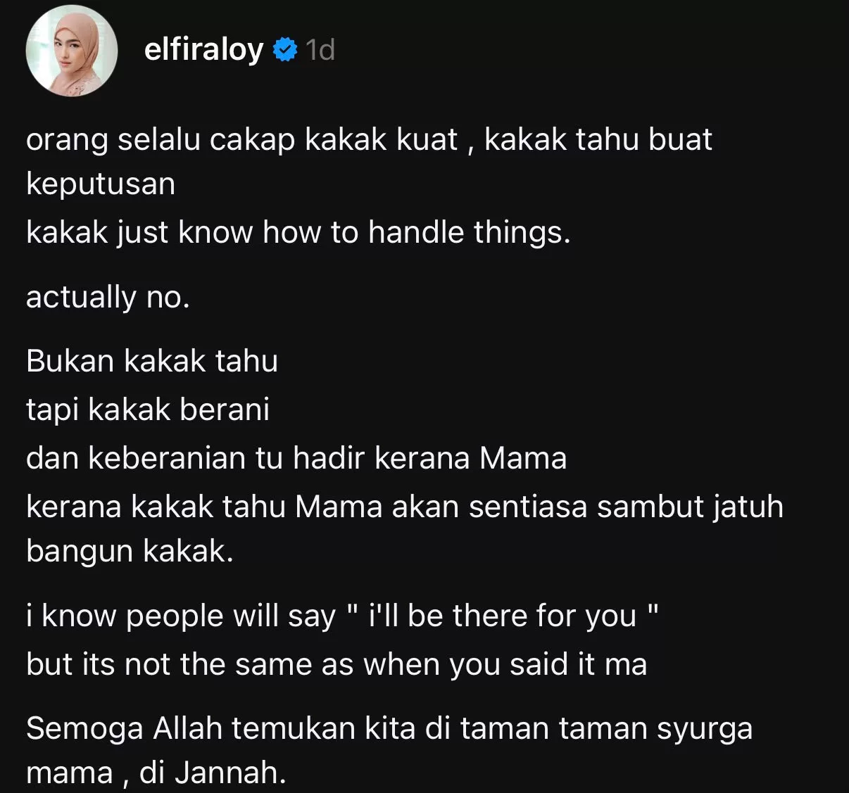 Elfira Loy Luah Rasa, Anggap Keberanian Dalam Hidup Datang Daripada Arwah Ibu - “Kerana Kakak Tahu Mama Akan Sentiasa Sambut Jatuh Bangun Kakak.”