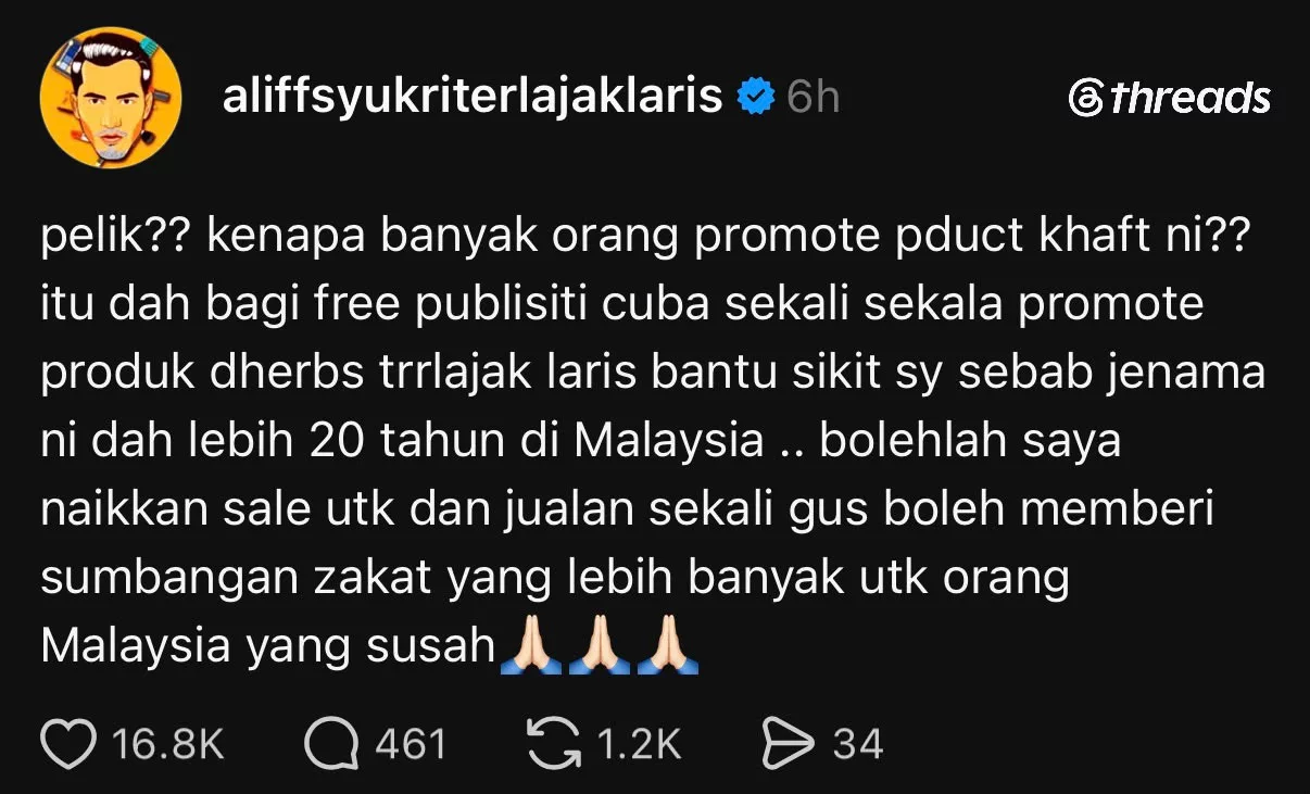 Aliff Syukri Mohon Terus Sokong Bisnes, Boleh Tingkatkan Jualan Demi Sumbangan Zakat - “Bantu Sikit Saya, Jenama Ni Dah Lebih 20 Tahun Di Malaysia.”