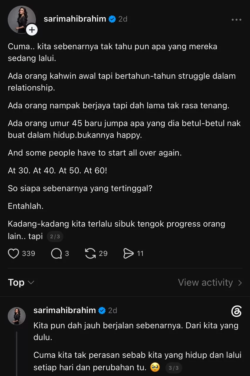 Sarimah Ibrahim Pesan Agar Tak Banding Kehidupan, Setiap Individu Ada 'Timeline' Sendiri - “Ada Kahwin Awal, Tapi Bertahun Struggle Dalam Relationship.” 4 Sarimah Ibrahim Pesan Agar Tak Banding Kehidupan, Setiap Individu Ada 'Timeline' Sendiri - “Ada Kahwin Awal, Tapi Bertahun Struggle Dalam Relationship.”