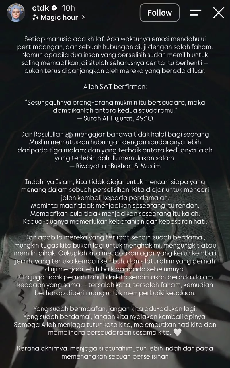 "Yang Sudah Berdamai, Jangan Nyalakan Kembali Apinya," - Siti Nurhaliza
