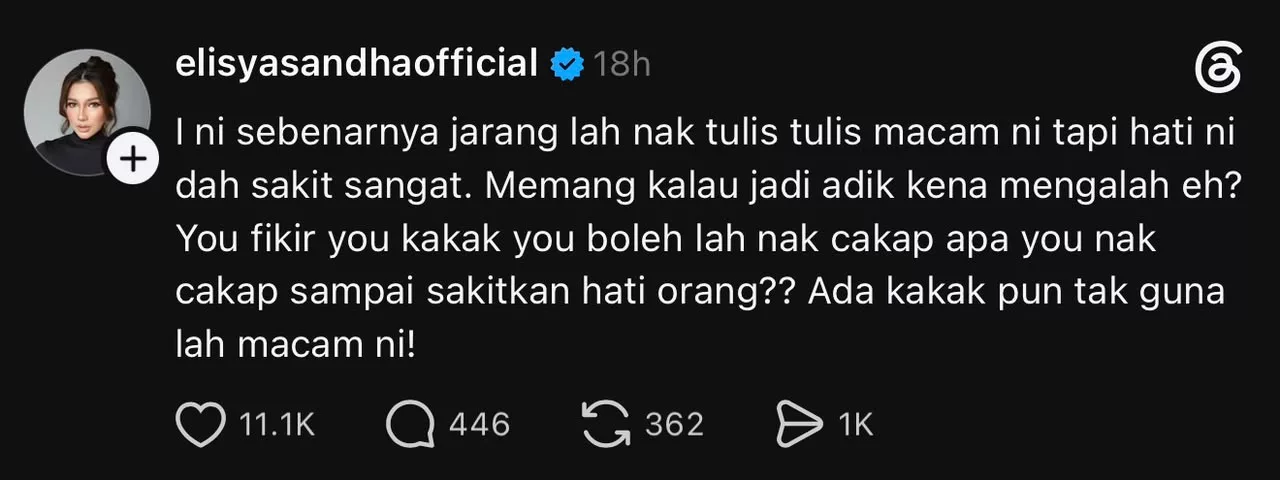 “You Fikir You Kakak, Bolehlah Nak Cakap Apa You Nak Cakap Sampai Sakitkan Hati Orang?,” - Elisya Sandha